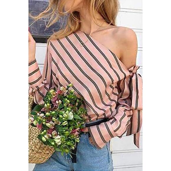 Azura Exchange  Pink Striped Asymmetric Tied Shoulder Blouse - Picture 5 of 8